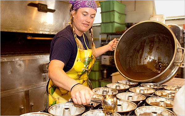 [Chef scooping chocolate sauce]